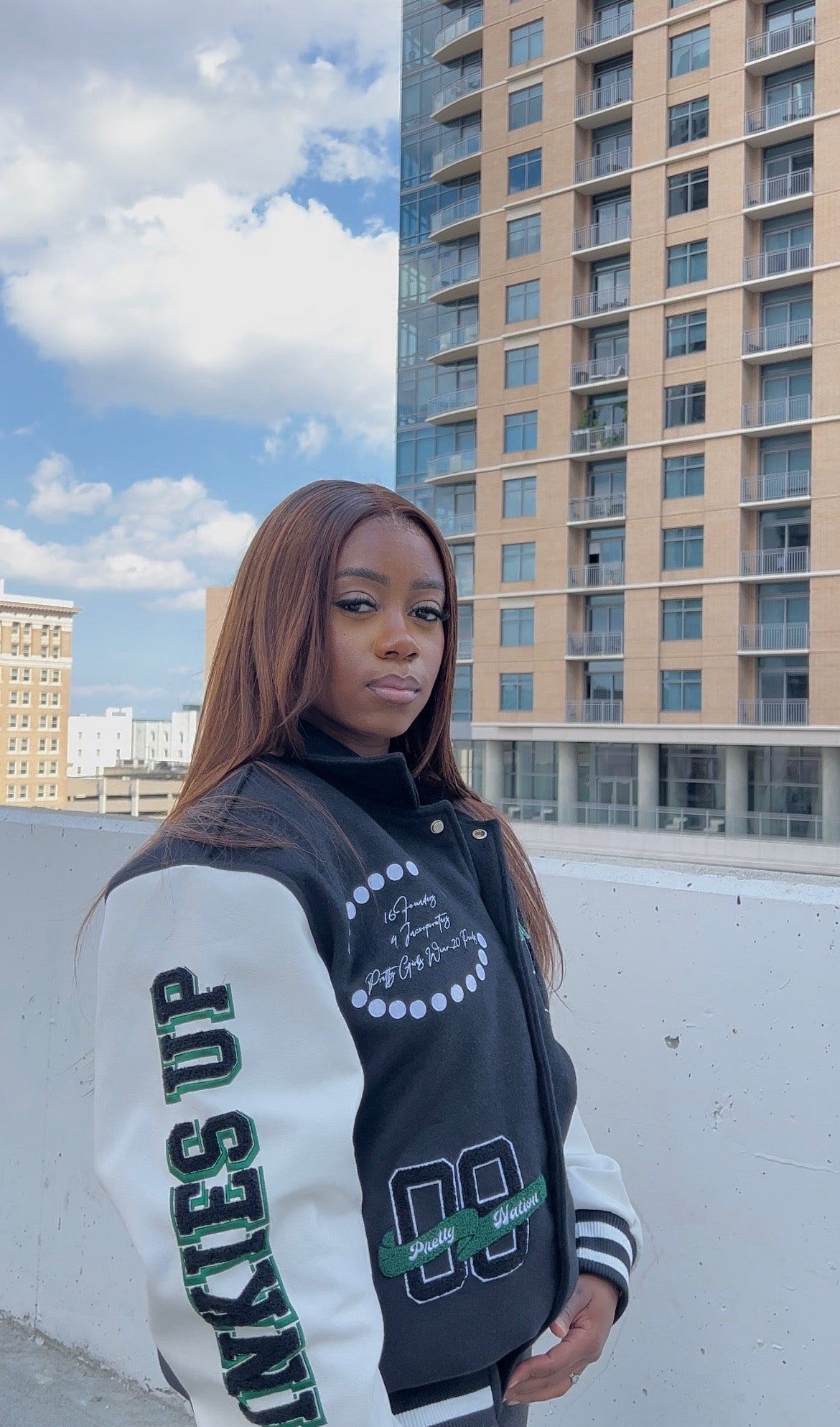 Girl in sale varsity jacket